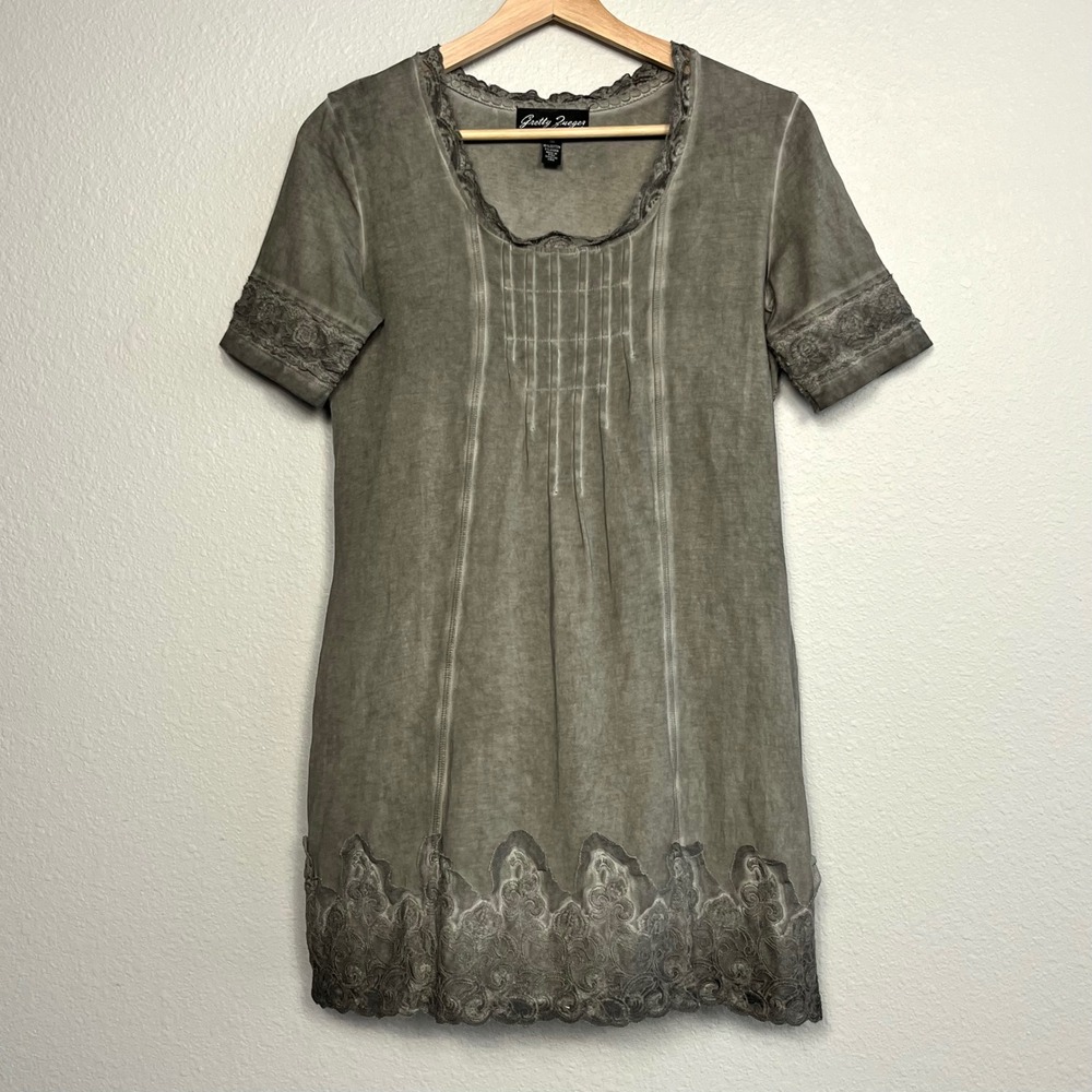 Gretty Zueger Lace Trim Mineral Wash Tunic Dress Gray Boho Medium Lagenlook Peru